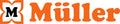 Orangefarbenes M-Logo der Drogeriekette Müller mit geschwungenem Rahmen und "Müller" Schriftzug.