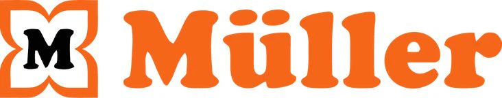 Orangefarbenes M-Logo der Drogeriekette Müller mit geschwungenem Rahmen und "Müller" Schriftzug.